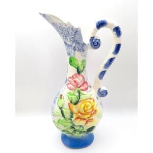 Vintage Made in Japan Pitcher Vase Blue Spongeware Hand Painted Roses 10.25"